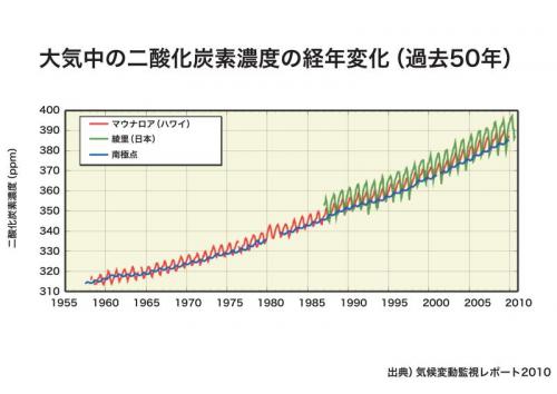 グラフ:大気中の二酸化炭素濃度の経年変化(過去50年)
