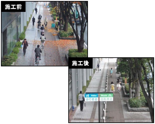 写真:平和通り(自転車道整備前後)